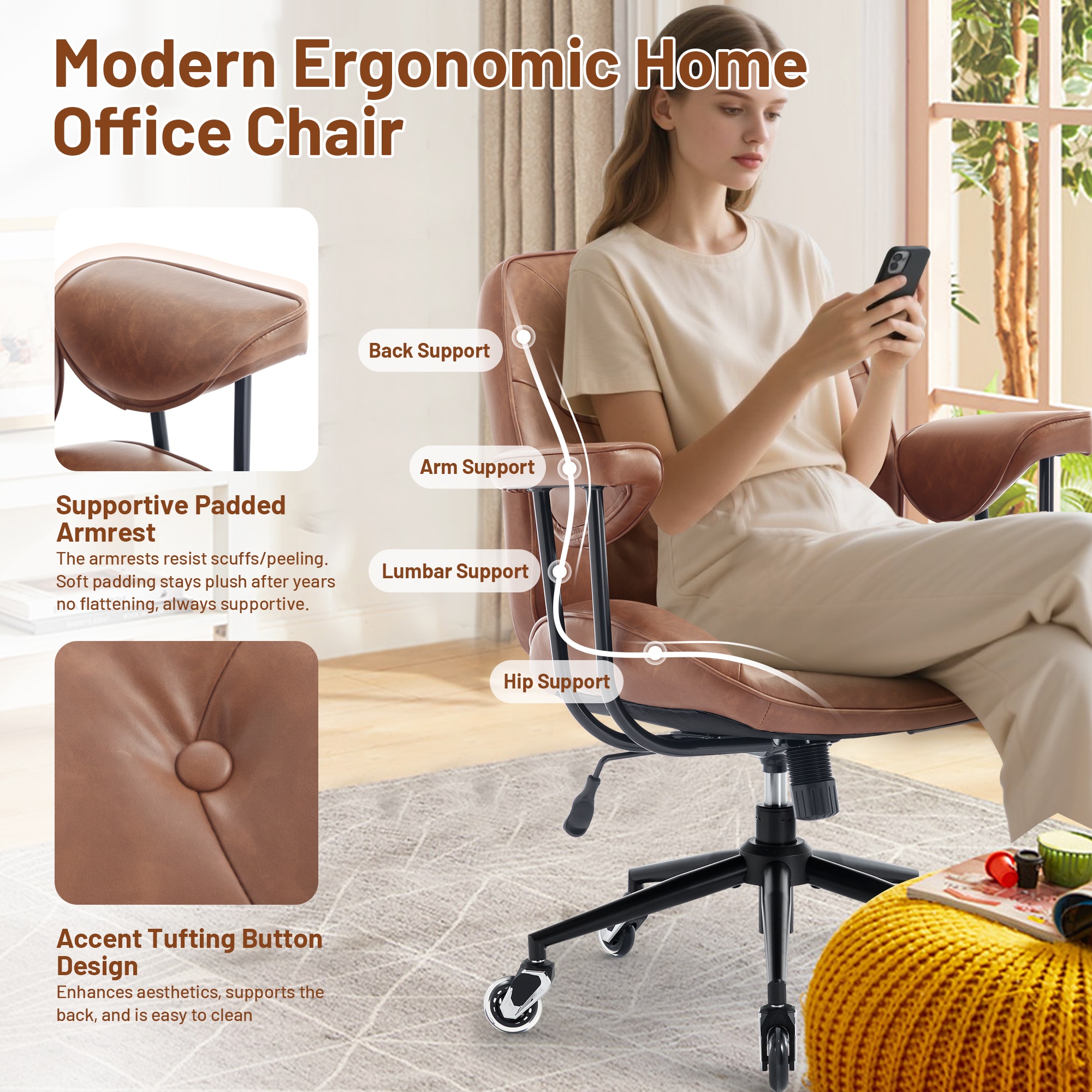 Retro Home Office Leather Chair With Ergonomic Lumbar Support_voghion.com